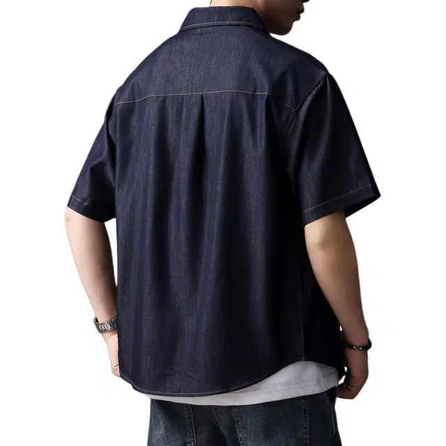 贵色 高端美式复古时尚潮流牛仔纯色简约口袋拼接新中式设计感休闲翻领单排扣短袖衬衫 男女同款