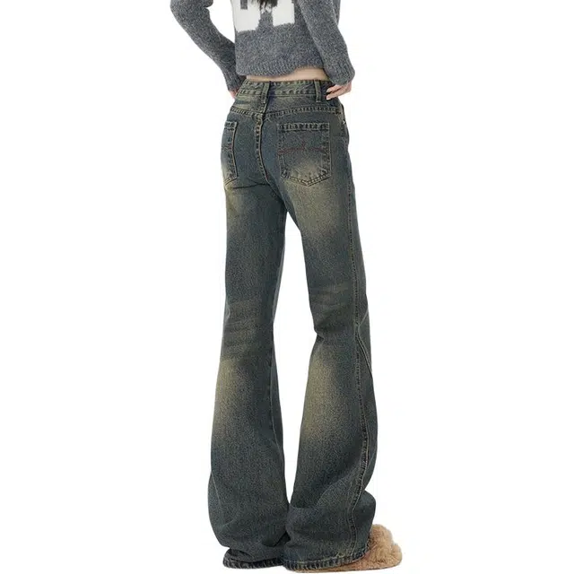 么宁   美式高街微喇做旧设计感高腰显瘦宽松牛仔裤 女款