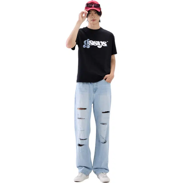 怪兽实验室 美式潮流赛珞纺全棉阔腿微锥版型破洞设计牛仔裤 男女同款