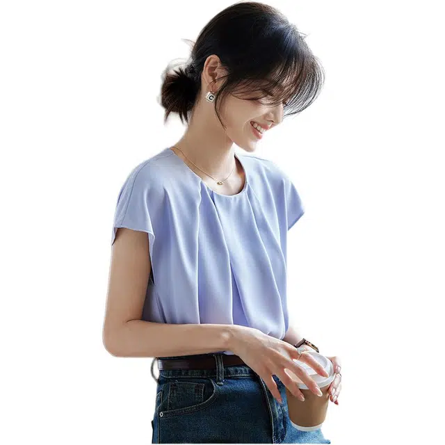 沐晓欣 韩版百搭圆领短袖通勤上衣时髦衬衫 女款 蓝色