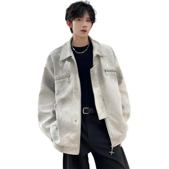 袋鼠 高街美式复古翻领秋季韩系慵懒松弛氛围情侣百搭痞帅时尚外套夹克 男女同款