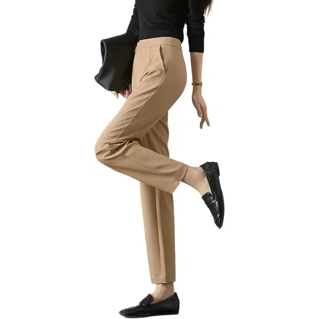 沫晗依美 锥形高腰通勤休闲裤 女款 浅卡其色