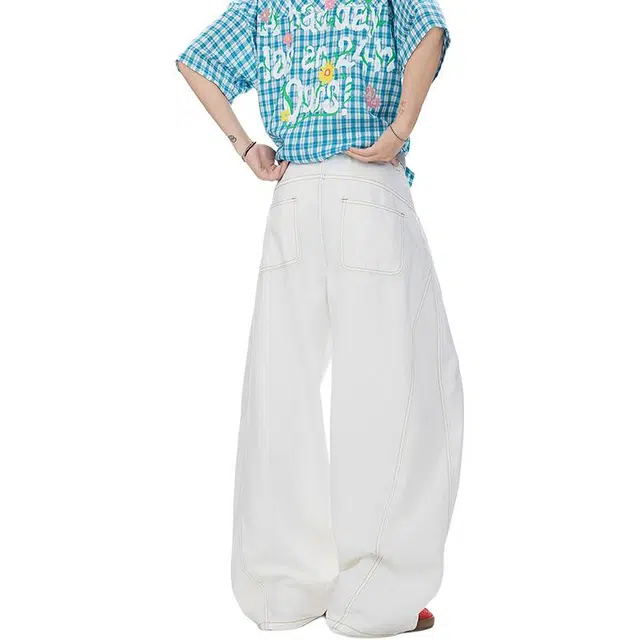 行更远 美式复古解构花卉刺绣设计小众高级感高街痞帅日常通勤宽松百搭舒适休闲阔腿弯刀牛仔工装裤 男女同款