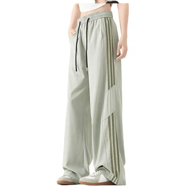 单爵 三条杠条纹冰丝裤子薄款青少年运动裤直筒宽松美式夏休闲裤 男女同款