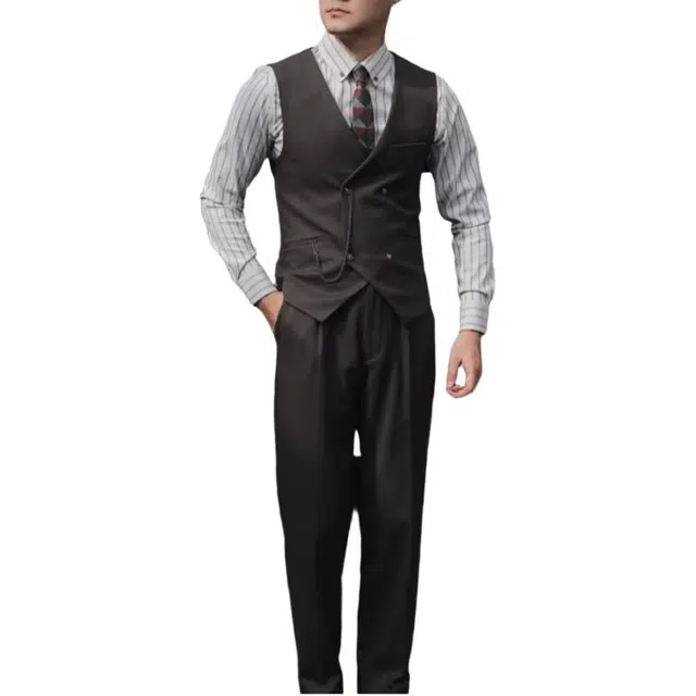 大格子与黑猫 复古英伦雅痞双排扣休闲修身结婚文艺怀旧欧美风新郎棕色西装马甲 男款