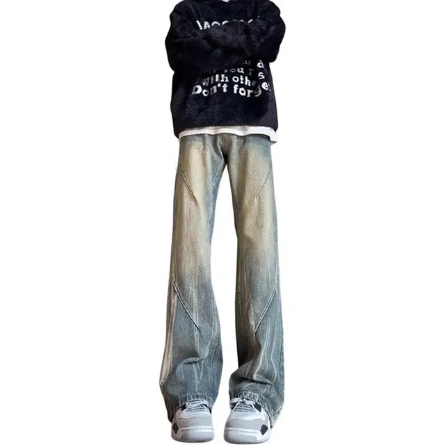 单爵 复古蓝扎染微喇裤男提裆做旧裤子牛仔裤 男女同款