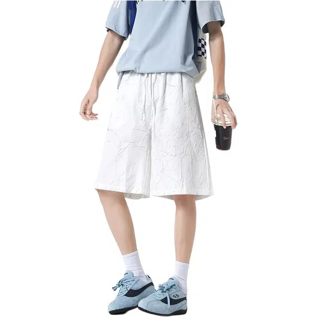 拓菲 褶皱肌理感冰丝美式高街裤子宽松过膝五分中裤休闲短裤 男女同款