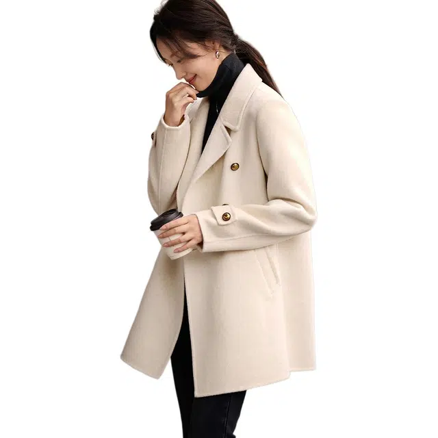 沫晗依美 西装领时尚复古休闲长袖大衣 女款 米白色