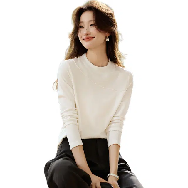 沫晗依美 经典百搭显瘦打底纯色常规长袖圆领针织衫 女款