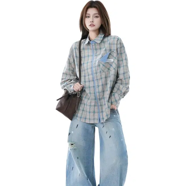 一碗士多 复古高街小众百搭格子设计感美式宽松舒适简约高级感通勤户外日常内搭外穿翻领落肩袖衬衫 男女同款