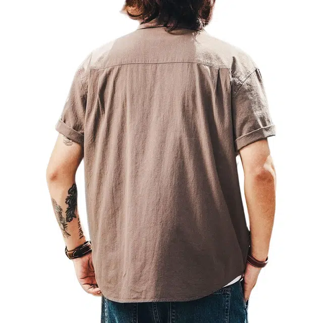 格蓝鹿 夏季 美式复古男士工装短袖褶皱肌理感双口袋设计纯色帅气个性时尚百搭日常穿搭半袖上衣衬衫 宽松 男女同款