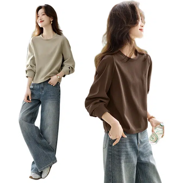 沫晗依美 秋季款简约舒适纯色常规长袖圆领休闲套头卫衣 女款