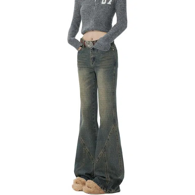 么宁   美式高街微喇做旧设计感高腰显瘦宽松牛仔裤 女款