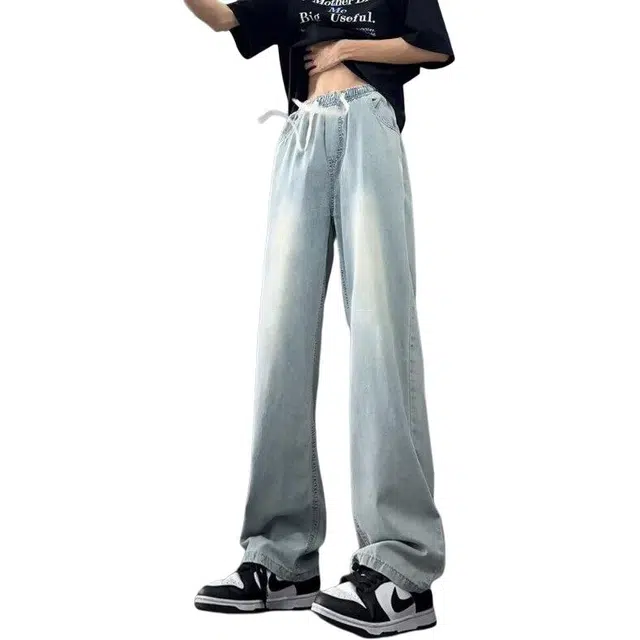 沃马 美式高街水洗做旧高级感基础款直筒牛仔裤 男女同款 浅蓝色