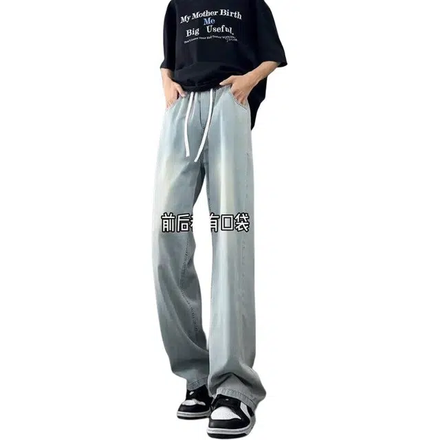 沃马 美式高街水洗做旧高级感基础款直筒牛仔裤 男女同款 浅蓝色