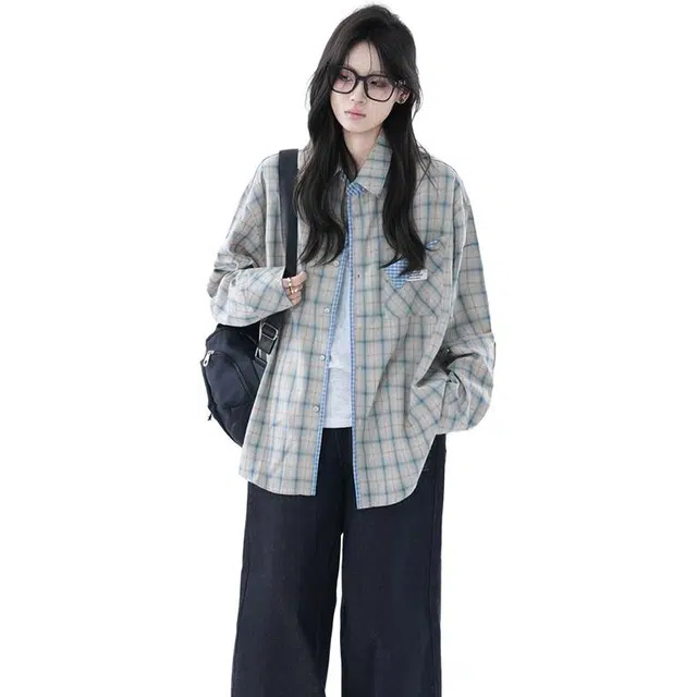 一碗士多 复古高街小众百搭格子设计感美式宽松舒适简约高级感通勤户外日常内搭外穿翻领落肩袖衬衫 男女同款