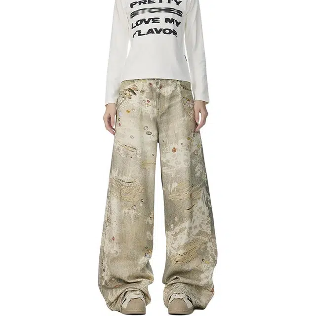 欧路得 美式复古涂鸦印花女男小众设计感直筒休闲裤高腰阔腿长裤子牛仔裤 男款