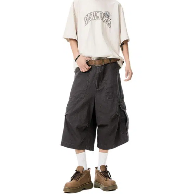 沐诚阳译 美式高街口袋七分裤时尚宽松过膝工装短裤 男款