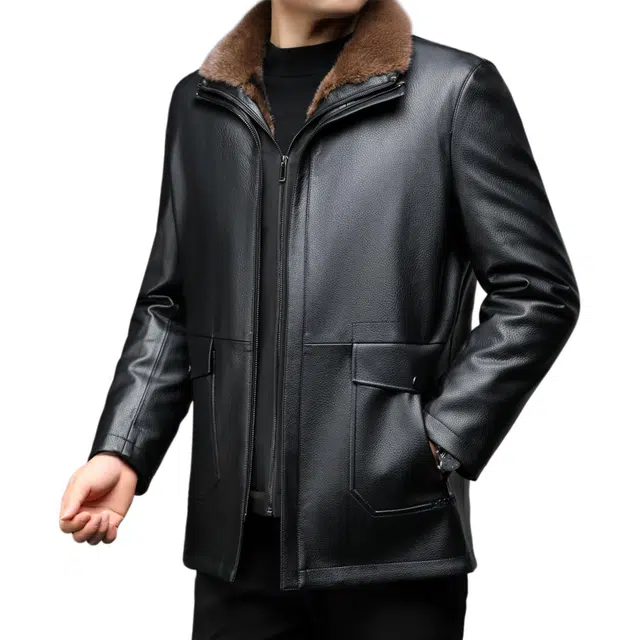 太子龍 爸爸装海宁皮毛一体保暖防寒外套皮衣 男款