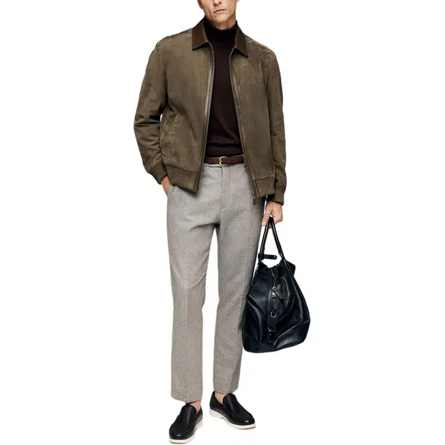 丹宁哲学 高端反绒绵羊皮纯色长袖翻领直筒型皮衣 男款