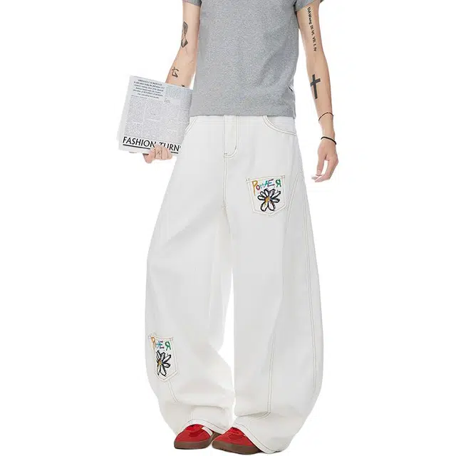 行更远 美式复古解构花卉刺绣设计小众高级感高街痞帅日常通勤宽松百搭舒适休闲阔腿弯刀牛仔工装裤 男女同款