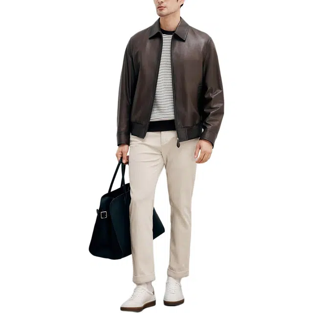 丹宁哲学 绅士绣花松紧下摆纯色翻领直筒型皮衣 男款