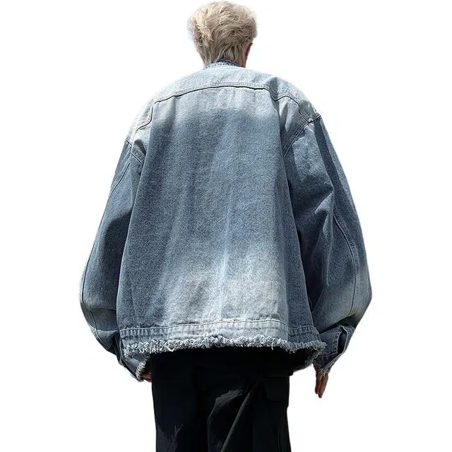 极限涡轮 美式复古毛边设计痞帅休闲宽松牛仔外套 男女同款 蓝色