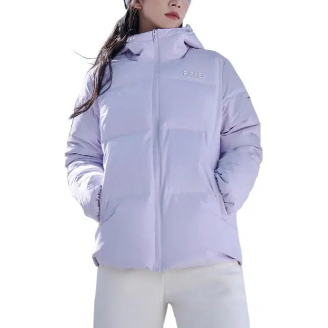 鸿星尔克 运动系列 舒适休闲简约连帽拉链保暖羽绒服 女款 轻霞紫