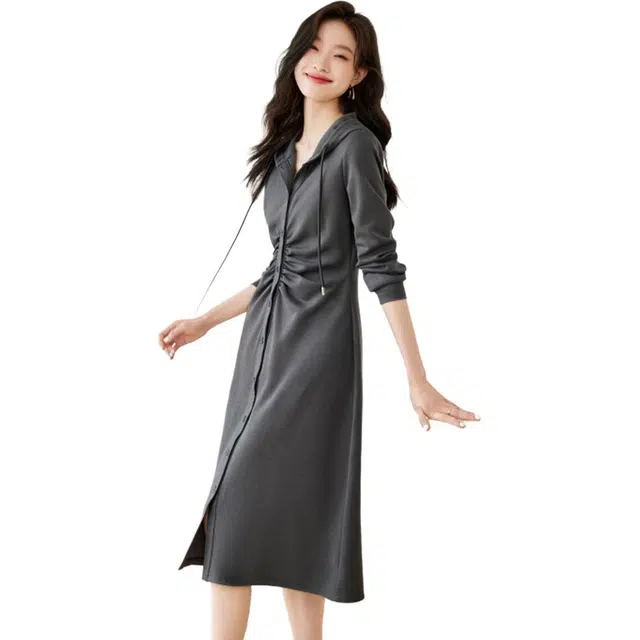 沫晗依美 褶皱收腰纯色连帽长袖连衣裙 女款 灰色