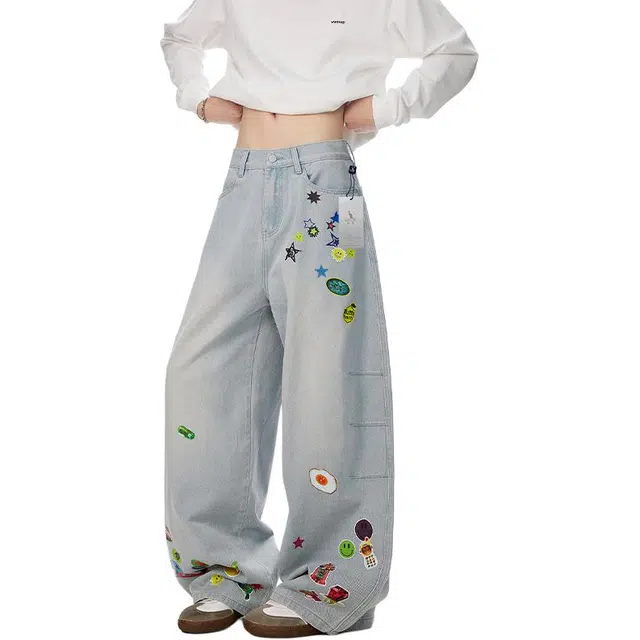 袋鼠 高个子加长版型长裤美式复古百搭基础款通勤阔腿裤高街水洗做旧弯刀牛仔裤 男女同款