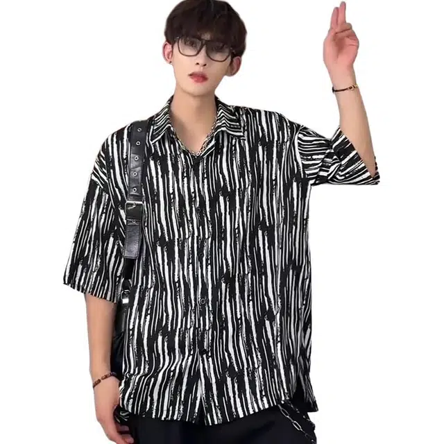 单爵 斑马纹痞帅防晒运动宽松百搭短袖衬衫 男女同款