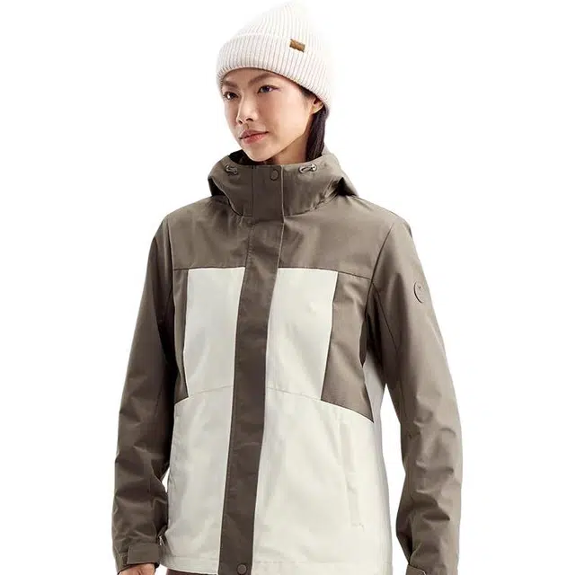 特步 综训系列 拼色拉链连帽舒适透气百搭两件套夹克外套 女款 棉花白/荆棘棕