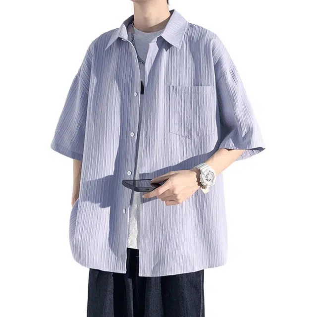 加荣 短袖透气休闲速干薄款潮牌痞帅七分巴洛克服外套衬衫 男女同款