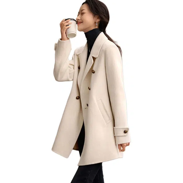 沫晗依美 西装领时尚复古休闲长袖大衣 女款 米白色