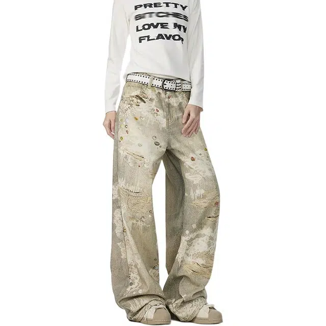 欧路得 美式复古涂鸦印花女男小众设计感直筒休闲裤高腰阔腿长裤子牛仔裤 男款