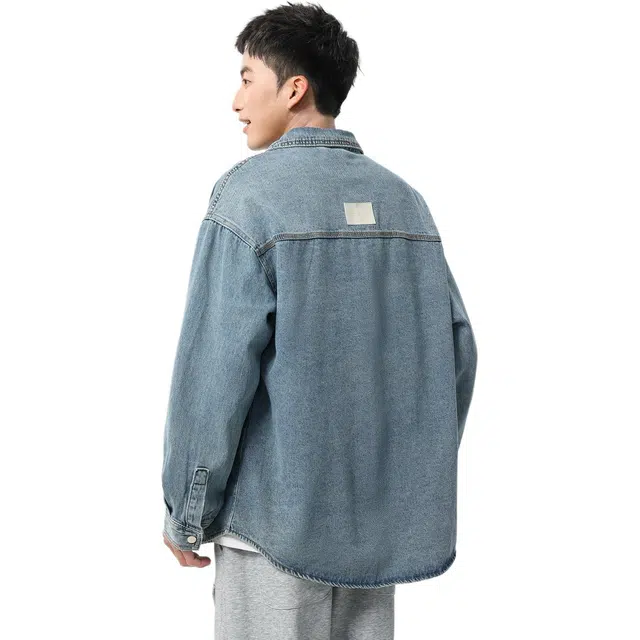 米素力 复古牛仔宽松翻领长袖衬衫 男款 蓝色