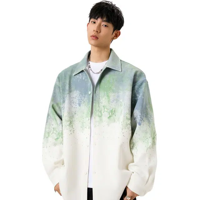 微牛 美式复古渐变扎染潮流百搭宽松休闲长袖外套衬衫 男款