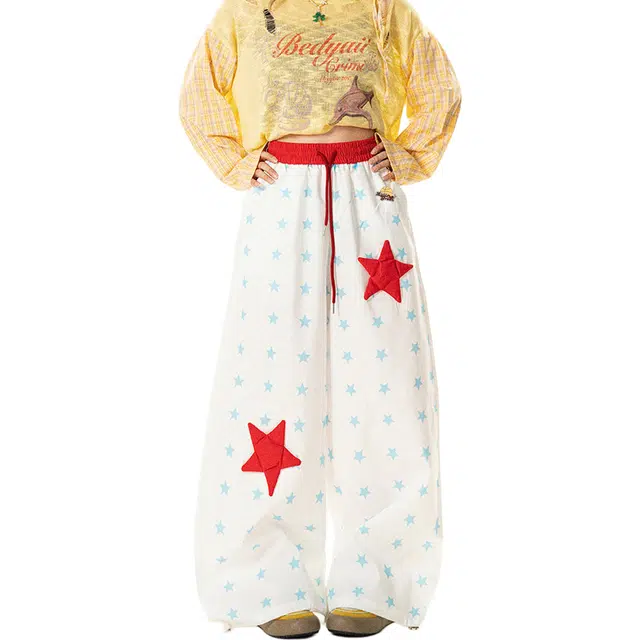 虫小绿 美式高街拼接撞色星星印花拖地高腰松紧阔腿裤百搭户外通勤氛围感复古怀旧经典显高显瘦高级设计感垂感休闲裤 男女同款