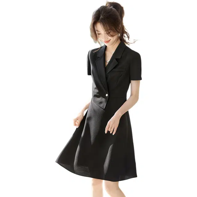 沫晗依美 高智职场轻商务通勤感西装假两件马甲收腰设计感短袖连衣裙 女款 黑色
