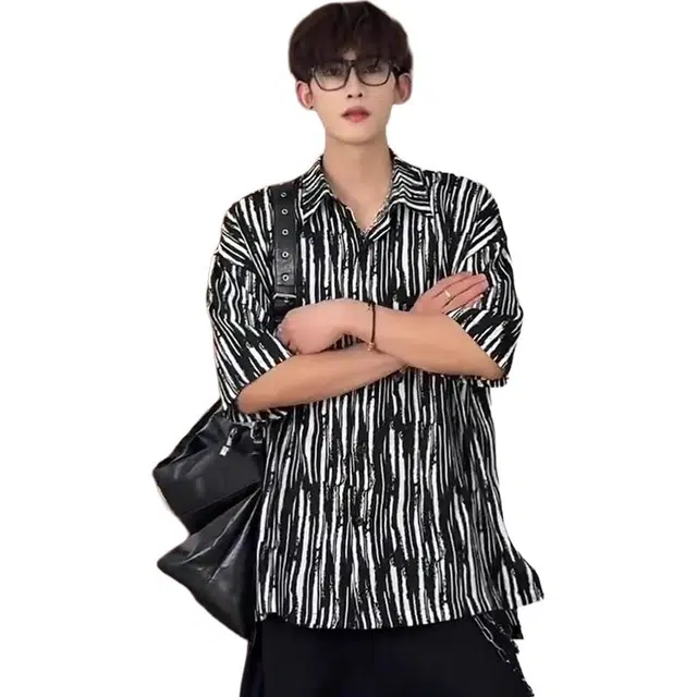 单爵 斑马纹痞帅防晒运动宽松百搭短袖衬衫 男女同款