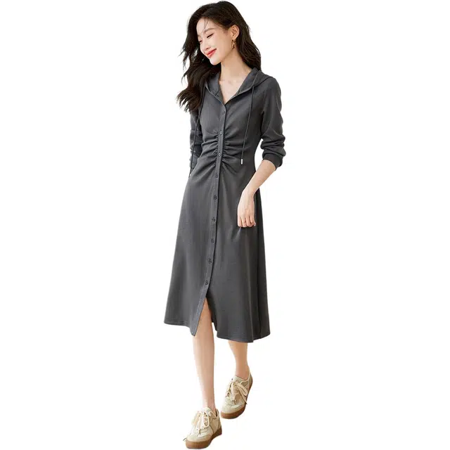 沫晗依美 褶皱收腰纯色连帽长袖连衣裙 女款 灰色