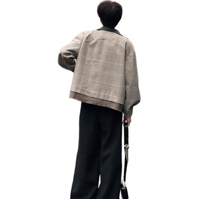 零氏 韩版拼接千鸟格纹廓形皮领春秋款设计感小众长袖夹克 男女同款