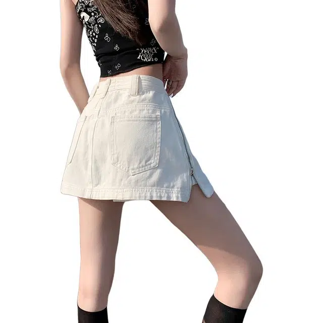 玫丝朵 美式小众侧拉链设计时尚百搭简约牛仔短裙 女款
