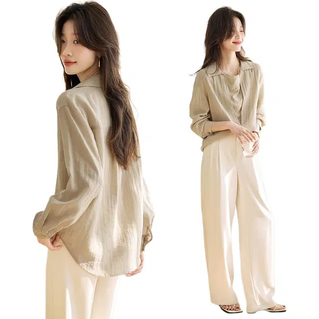 沫晗依美 假两件翻领纯色长袖衬衫 女款 卡其色