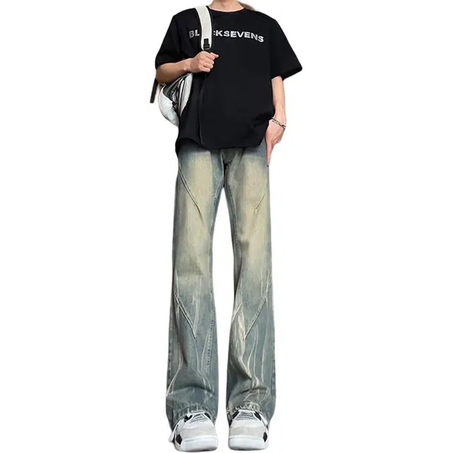 单爵 复古蓝扎染微喇裤男提裆做旧裤子牛仔裤 男女同款