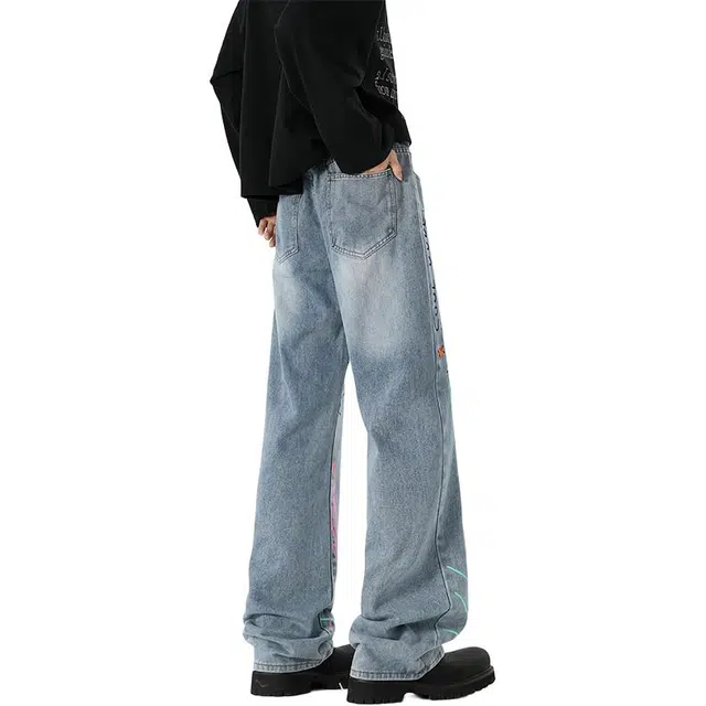 单爵 美式复古高街涂鸦薄款宽松直筒牛仔裤 男女同款