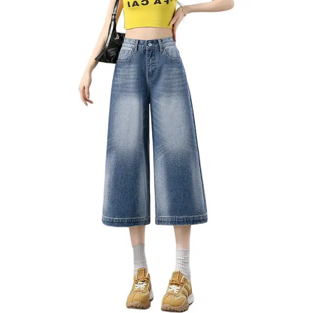 惟熙 薄款八分阔腿直筒裤牛仔裤 女款