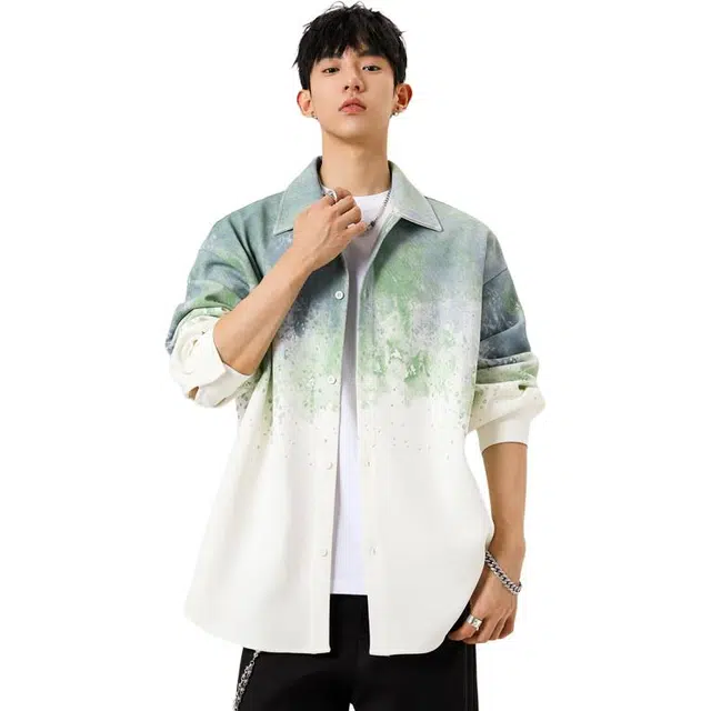 微牛 美式复古渐变扎染潮流百搭宽松休闲长袖外套衬衫 男款
