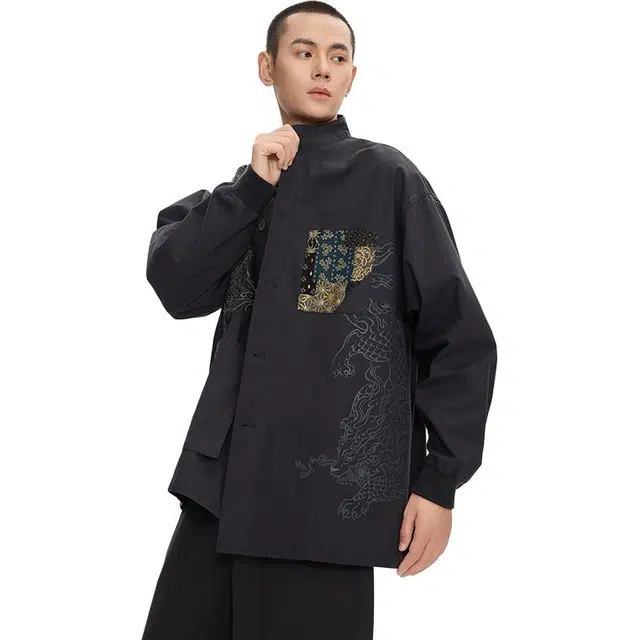 鬼洗 绣花男式蓝色动物常规长袖衬衫 男款