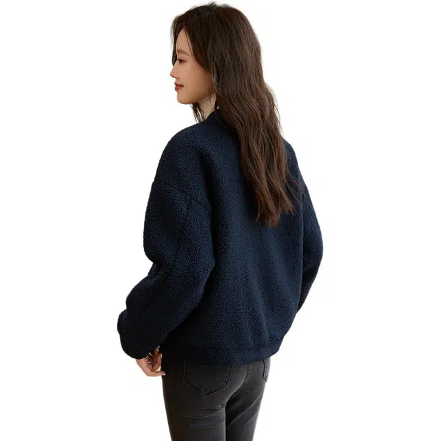 沫晗依美 休加厚肌理感绣花字母宽松单排扣短款长袖夹克外套 女款 藏青色